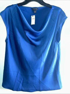 Nine West Royal Blue Satin Cowl Neck Sleeveless Blouse Banana Republic